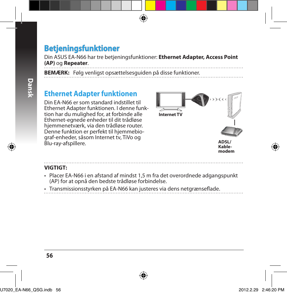 Betjeningsfunktioner, Ethernet adapter funktionen, Dansk | Asus EA-N66 User Manual | Page 56 / 170