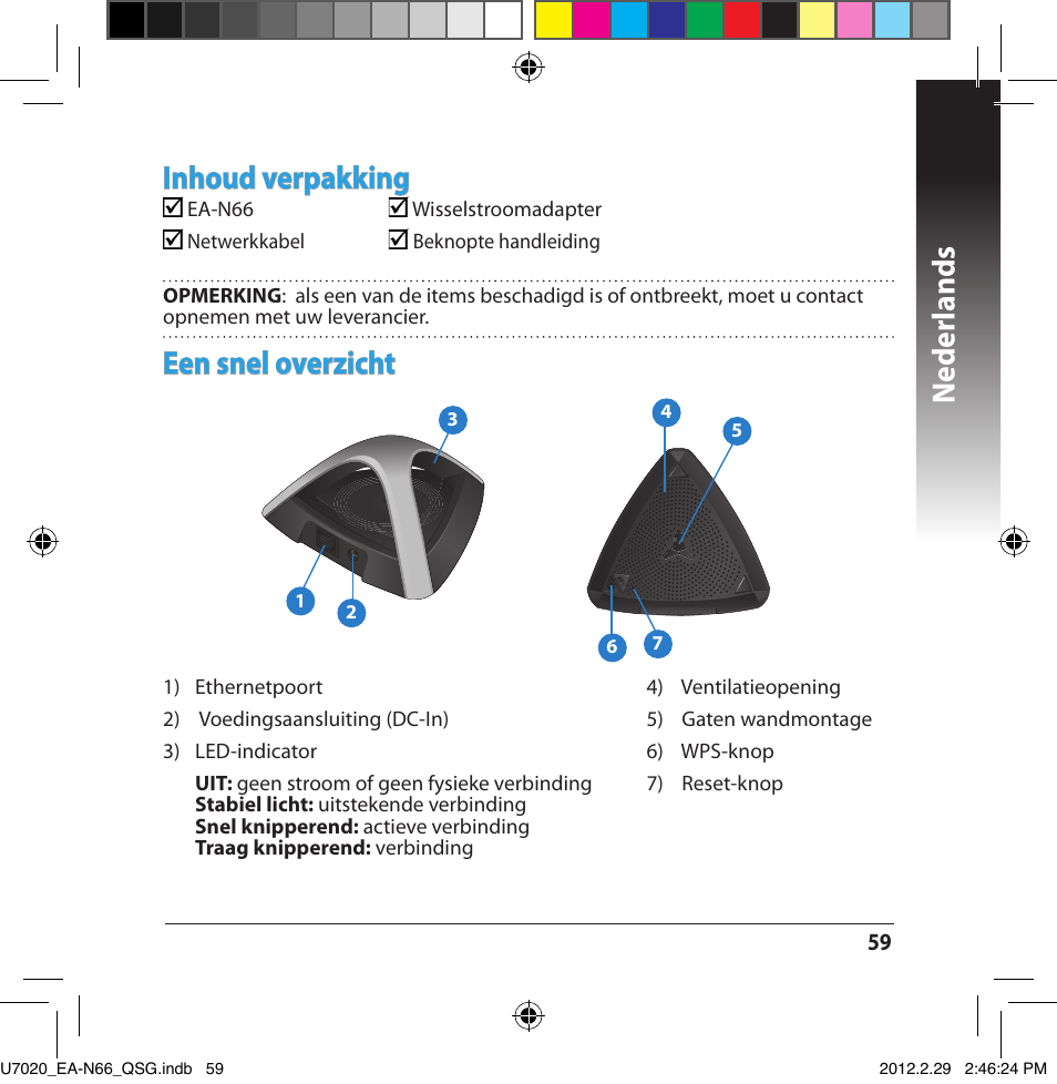 Neder lands, Een snel over��icht, Inhoud verpakking | Asus EA-N66 User Manual | Page 59 / 170