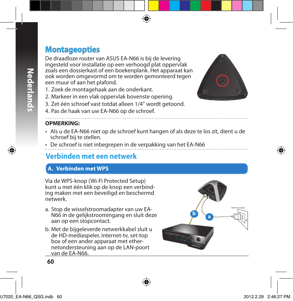 Neder lands, Montageopties, Verbinden met een netwerk | Asus EA-N66 User Manual | Page 60 / 170