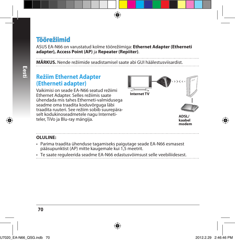 Töörežiimid, Režiim ethernet adapter (etherneti adapter), Eesti | Asus EA-N66 User Manual | Page 70 / 170
