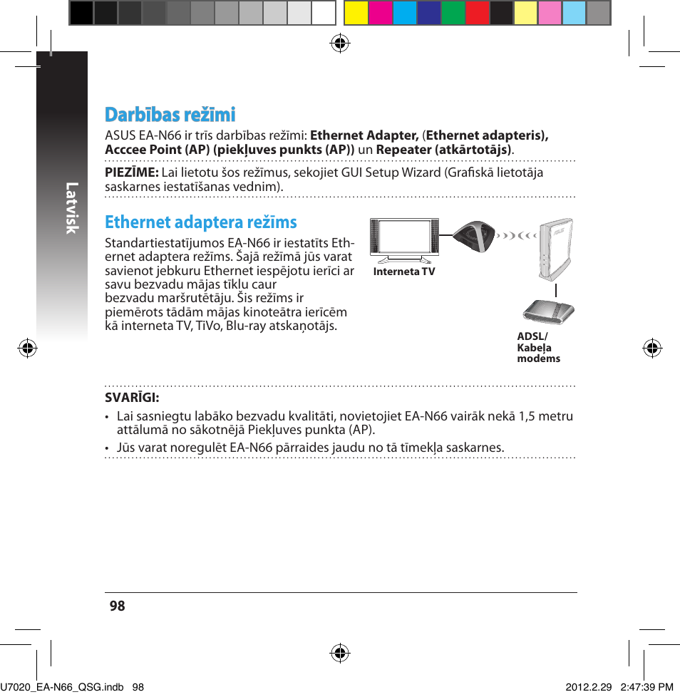 Darbības režīmi, Ethernet adaptera režīms, La tvisk | Asus EA-N66 User Manual | Page 98 / 170