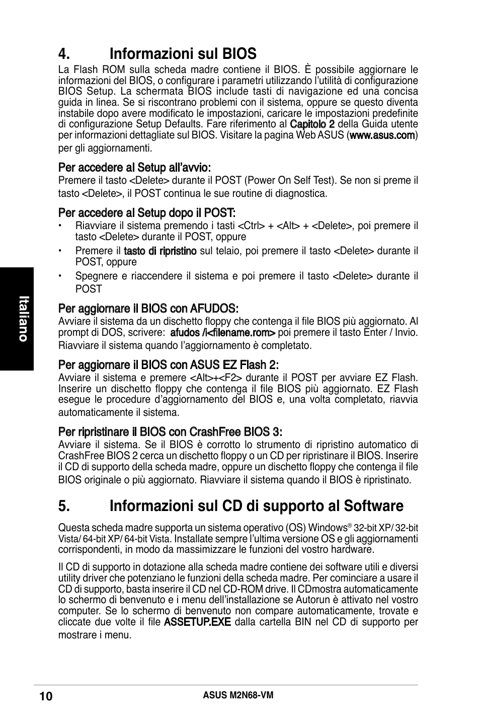 Informazioni sul bios, Informazioni sul cd di supporto al software | Asus M2N68-VM User Manual | Page 10 / 37