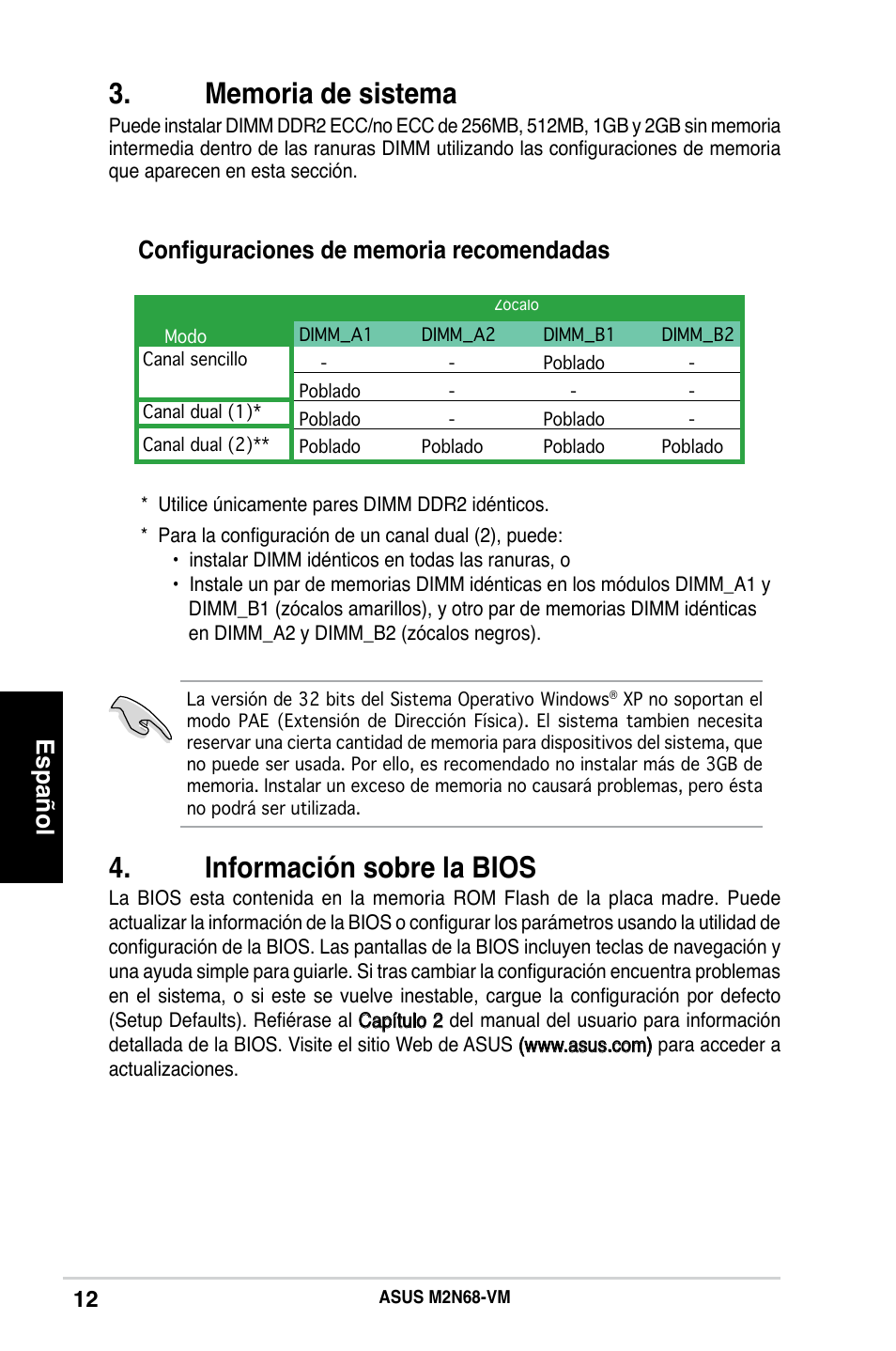 Información sobre la bios, Español | Asus M2N68-VM User Manual | Page 12 / 37