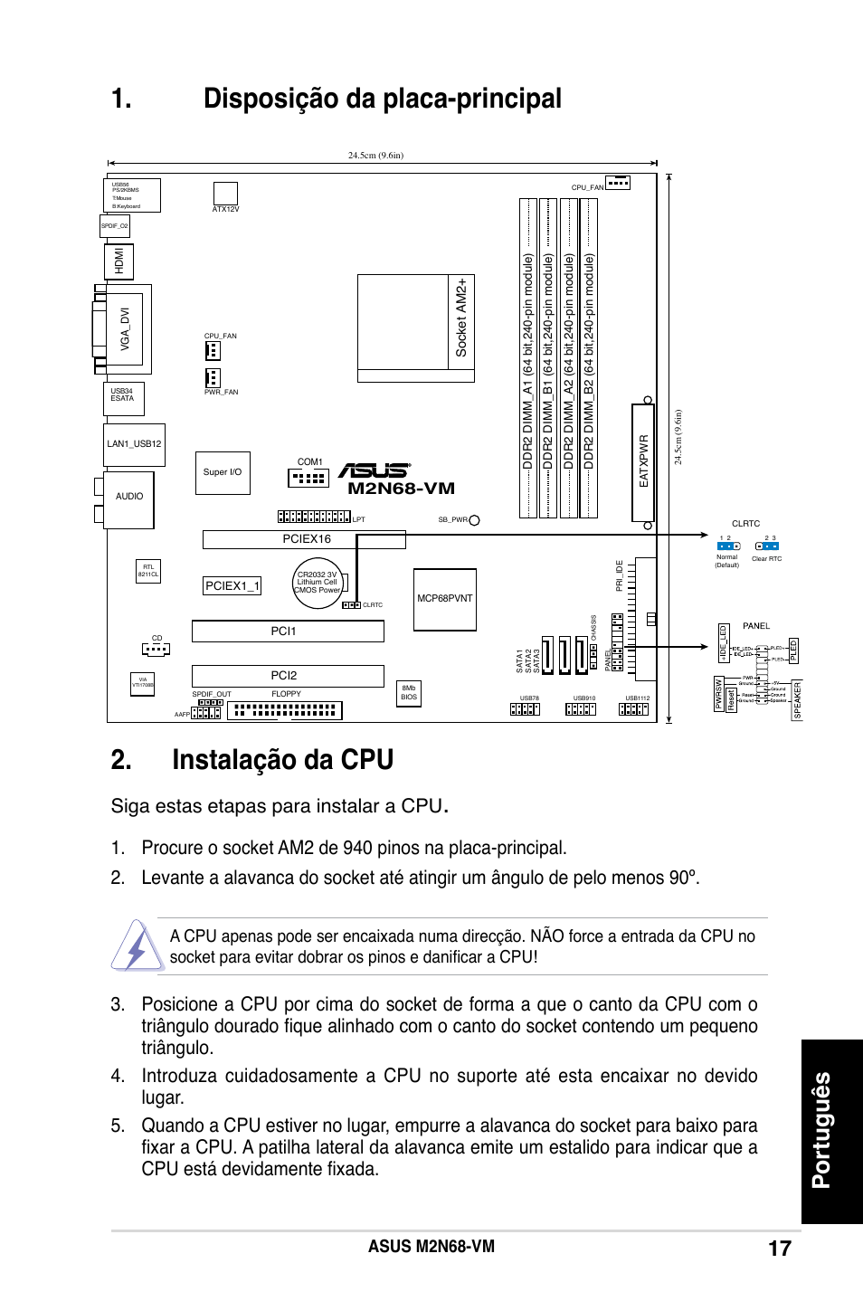 Disposição da placa-principal 2. instalação da cpu, Português, Siga estas etapas para instalar a cpu | Asus m2n68-vm, M2n68-vm | Asus M2N68-VM User Manual | Page 17 / 37