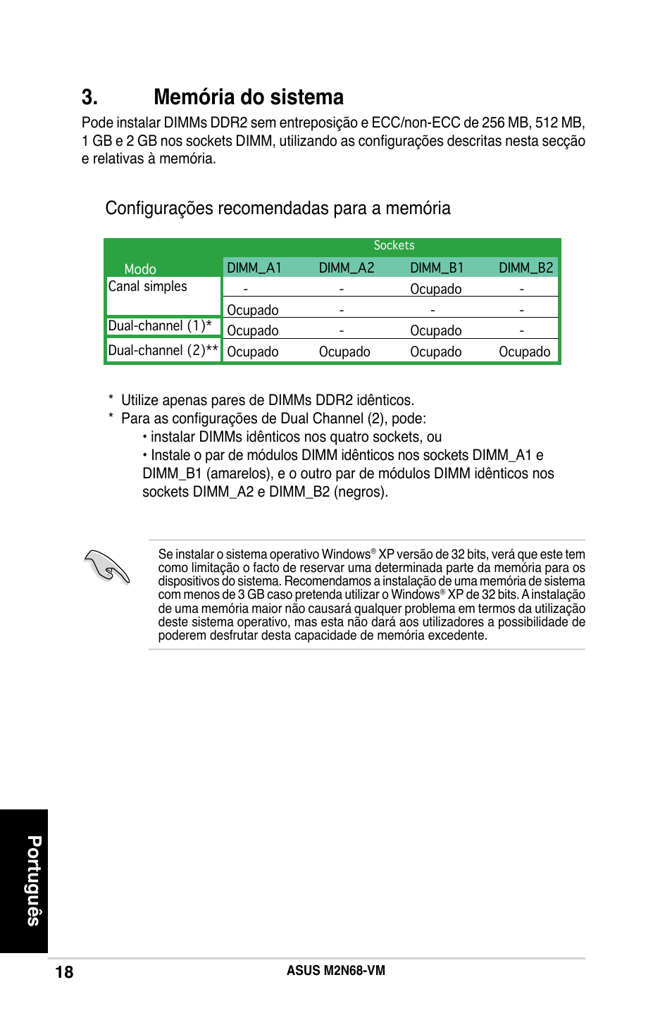 Memória do sistema, Português, Configurações recomendadas para a memória | Asus M2N68-VM User Manual | Page 18 / 37