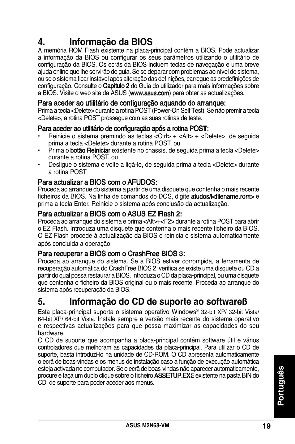 Informação da bios, Informação do cd de suporte ao softwareß, Português | Asus M2N68-VM User Manual | Page 19 / 37