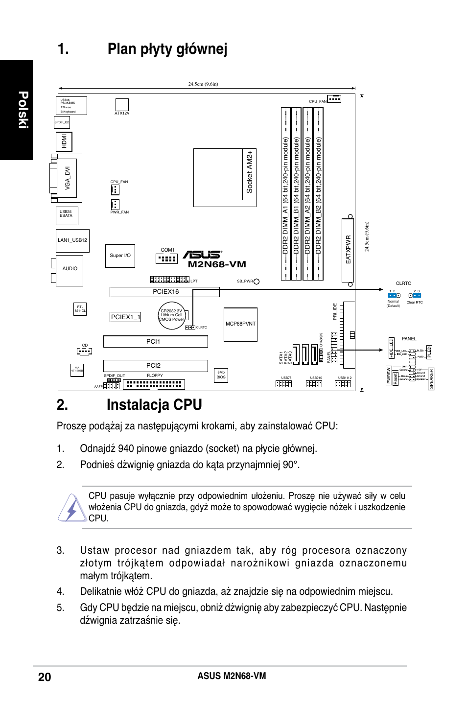 Instalacja cpu, Plan płyty głównej, Polski | Asus m2n68-vm, M2n68-vm | Asus M2N68-VM User Manual | Page 20 / 37