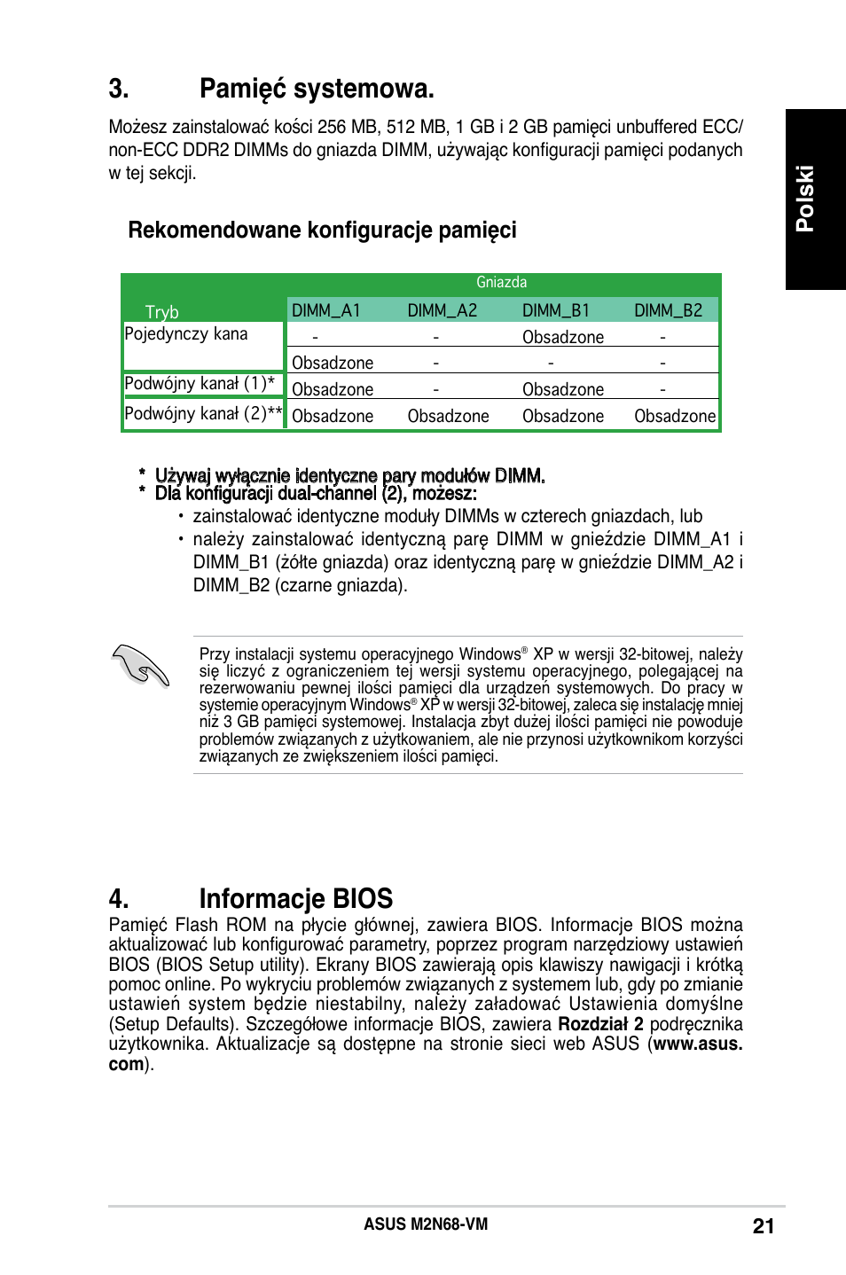 Pamięć systemowa, Informacje bios, Polski | Rekomendowane konfiguracje pamięci | Asus M2N68-VM User Manual | Page 21 / 37