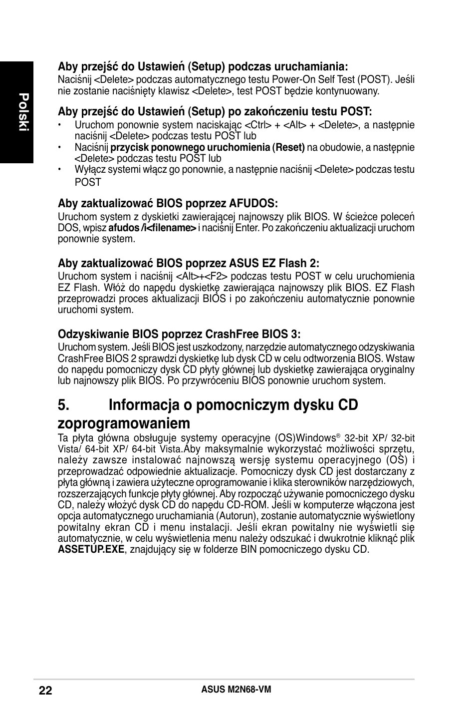 Informacja o pomocniczym dysku cd zoprogramowaniem, Polski | Asus M2N68-VM User Manual | Page 22 / 37