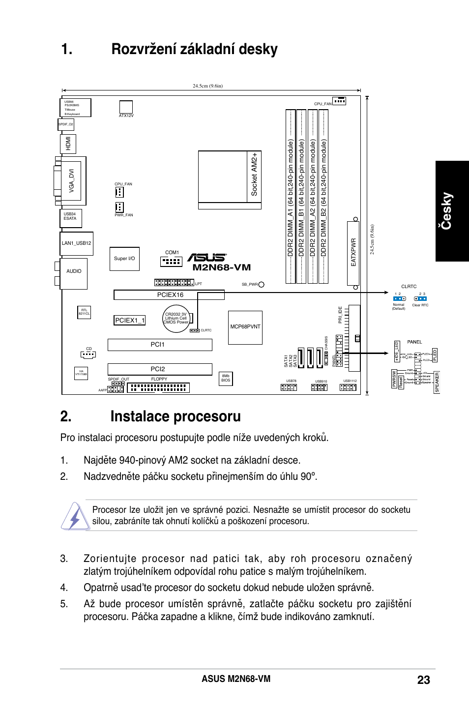 Instalace procesoru, Rozvržení základní desky, Česky | Asus m2n68-vm, M2n68-vm | Asus M2N68-VM User Manual | Page 23 / 37