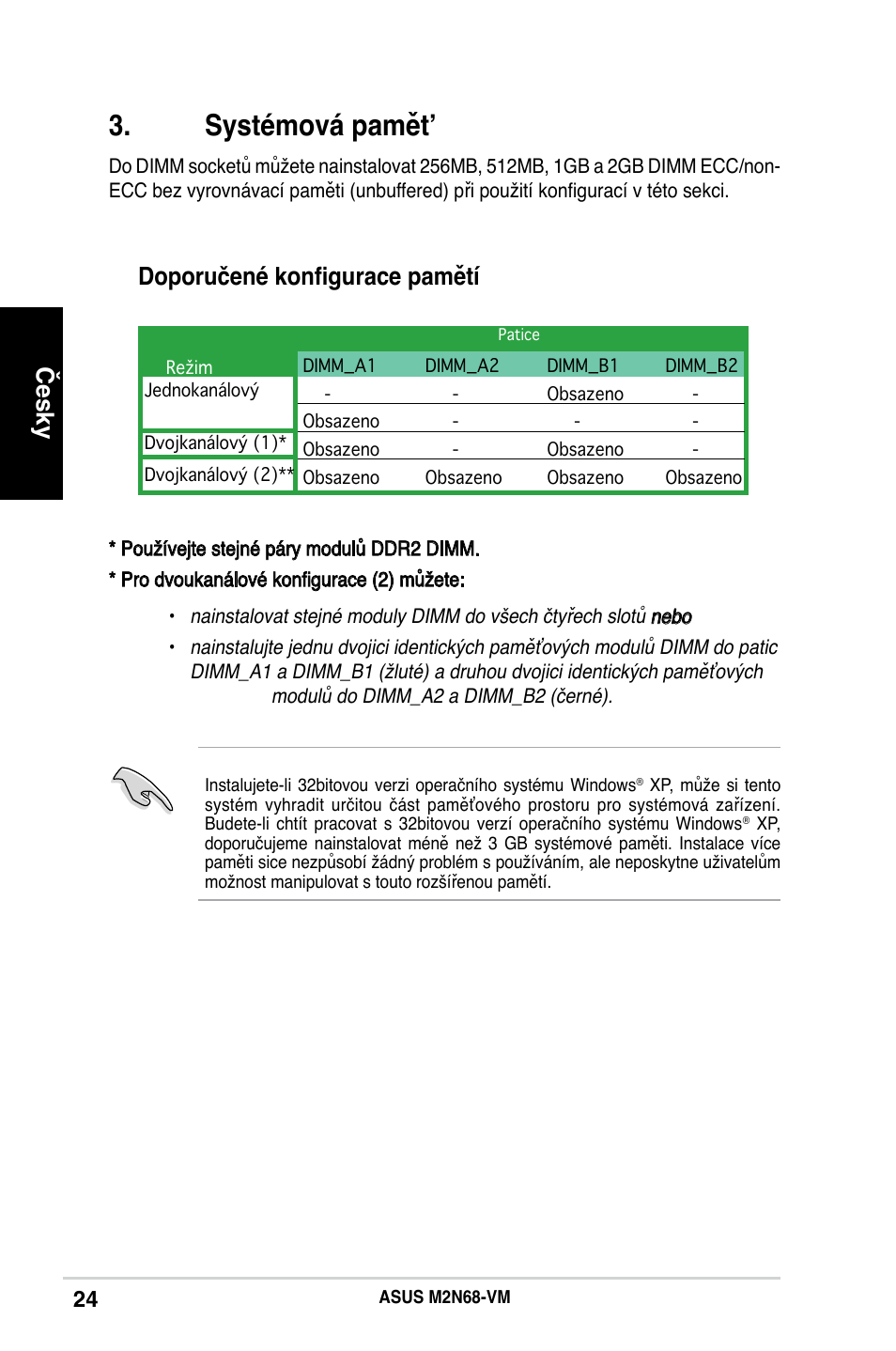 Systémová pamět, Česky doporučené konfigurace pamětí | Asus M2N68-VM User Manual | Page 24 / 37