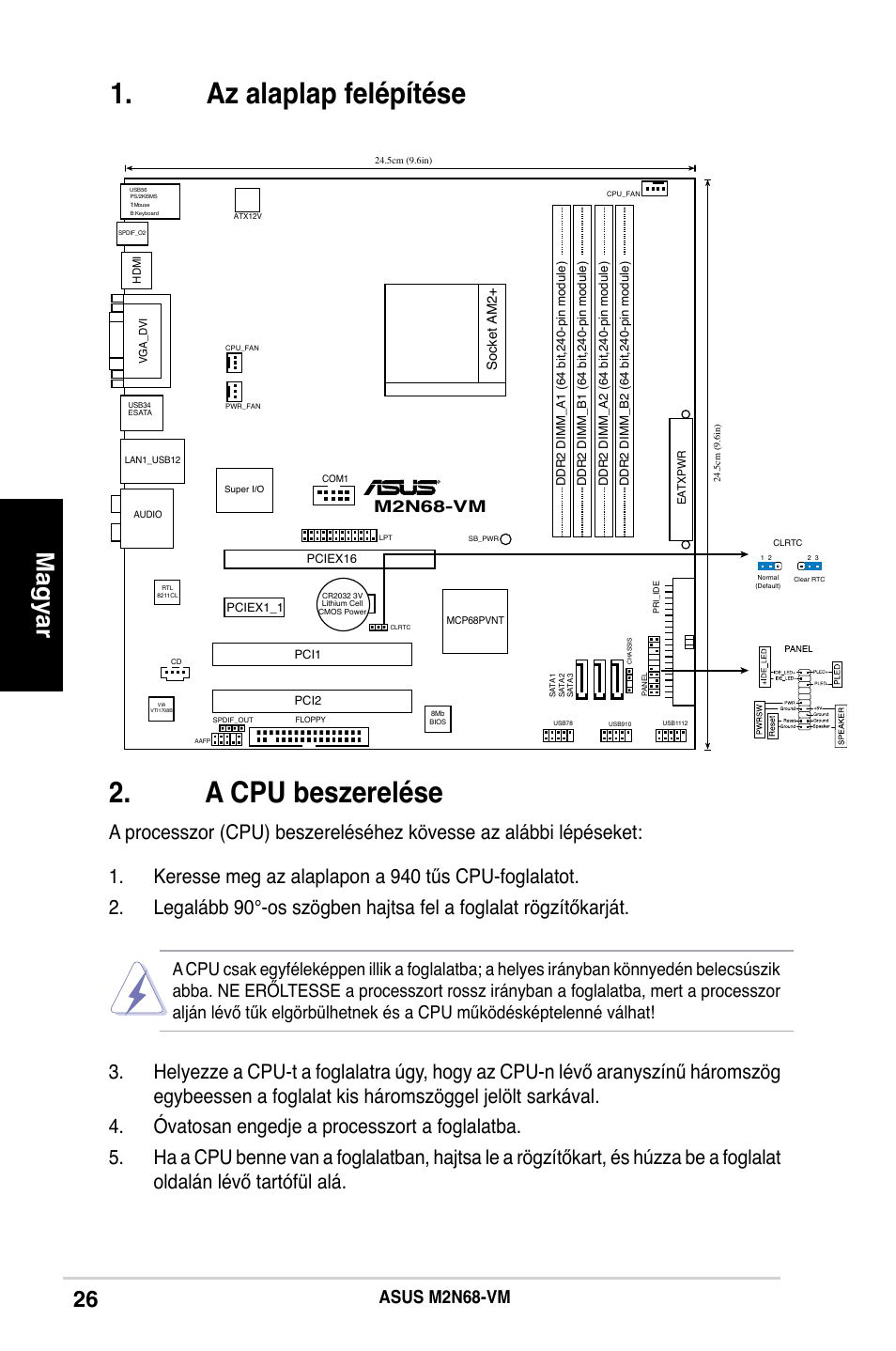 A cpu beszerelése, Az alaplap felépítése, Magyar | Asus m2n68-vm, M2n68-vm | Asus M2N68-VM User Manual | Page 26 / 37