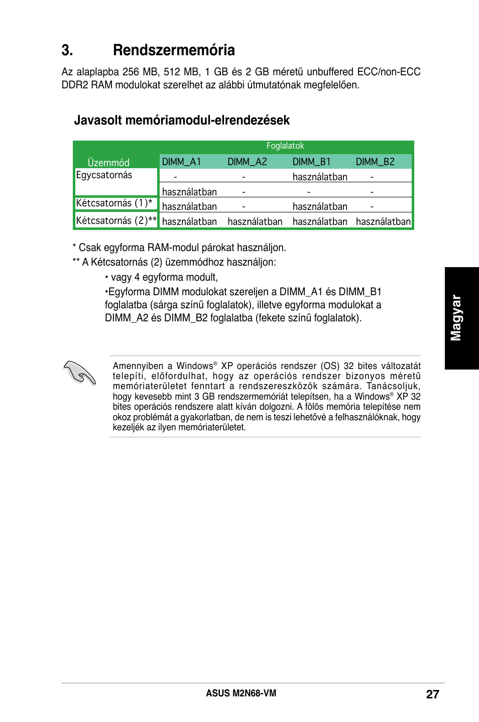 Rendszermemória, Magyar, Javasolt memóriamodul-elrendezések | Asus M2N68-VM User Manual | Page 27 / 37