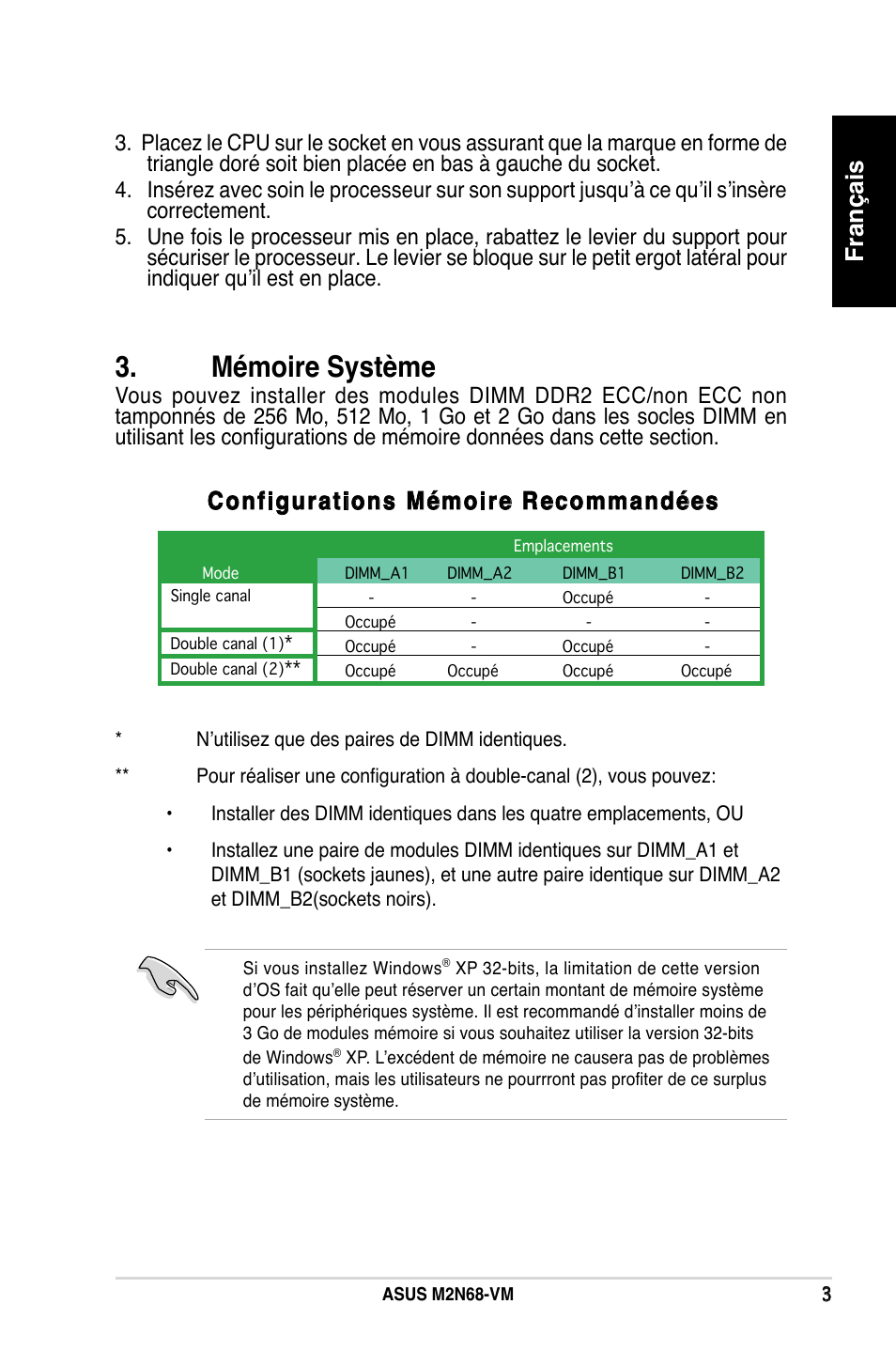 Mémoire système, Français, Configurations mémoire recommandées | Asus M2N68-VM User Manual | Page 3 / 37