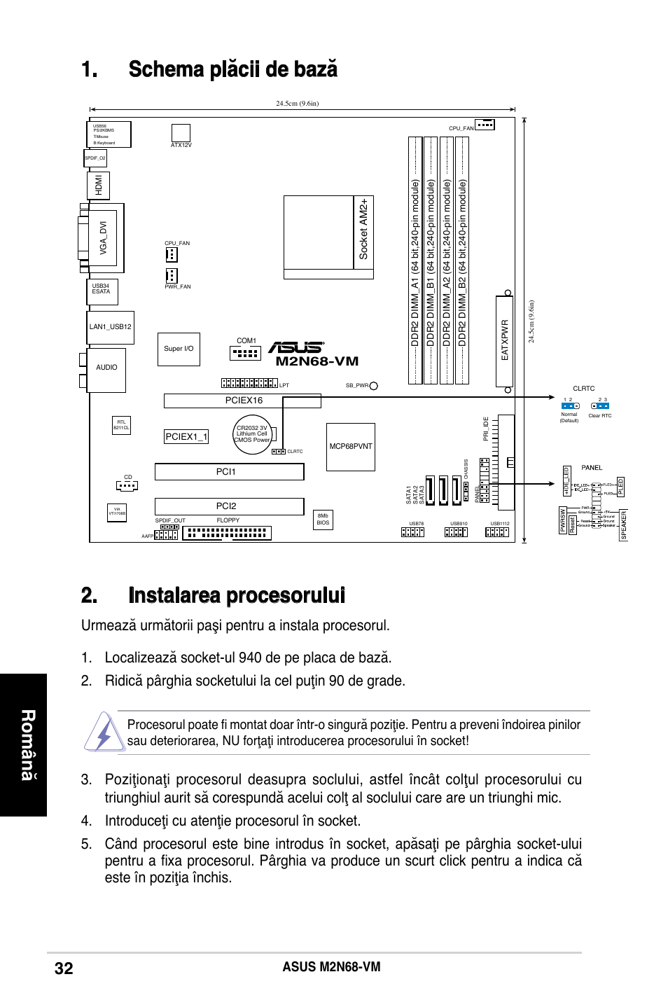 Schema plăcii de bază 2. instalarea procesorului, Română, Asus m2n68-vm | M2n68-vm | Asus M2N68-VM User Manual | Page 32 / 37