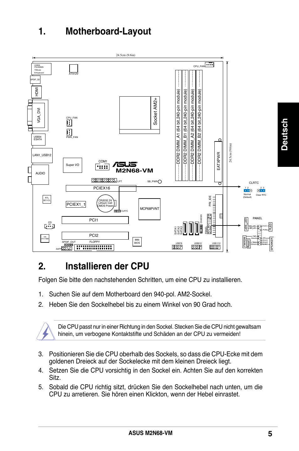 Motherboard-layout 2. installieren der cpu, Deutsch, Asus m2n68-vm | M2n68-vm | Asus M2N68-VM User Manual | Page 5 / 37