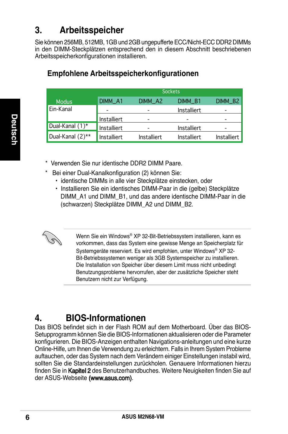 Arbeitsspeicher, Bios-informationen, Deutsch | Empfohlene arbeitsspeicherkonfigurationen | Asus M2N68-VM User Manual | Page 6 / 37