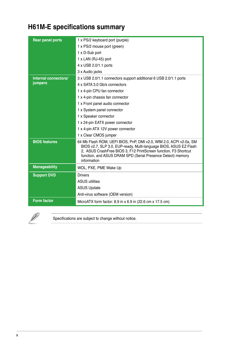 H61m-e specifications summary | Asus H61M-E User Manual | Page 10 / 78