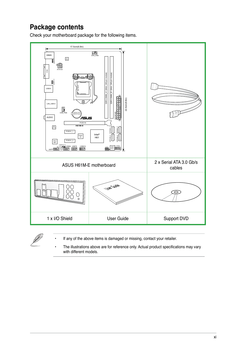 Package contents, User guide, 1 x i/o shield user guide support dvd | Asus H61M-E User Manual | Page 11 / 78