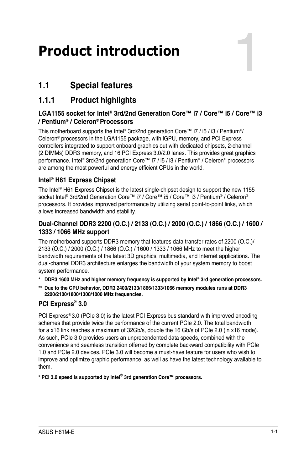 Product introduction, 1 special features, 1 product highlights | Asus H61M-E User Manual | Page 13 / 78