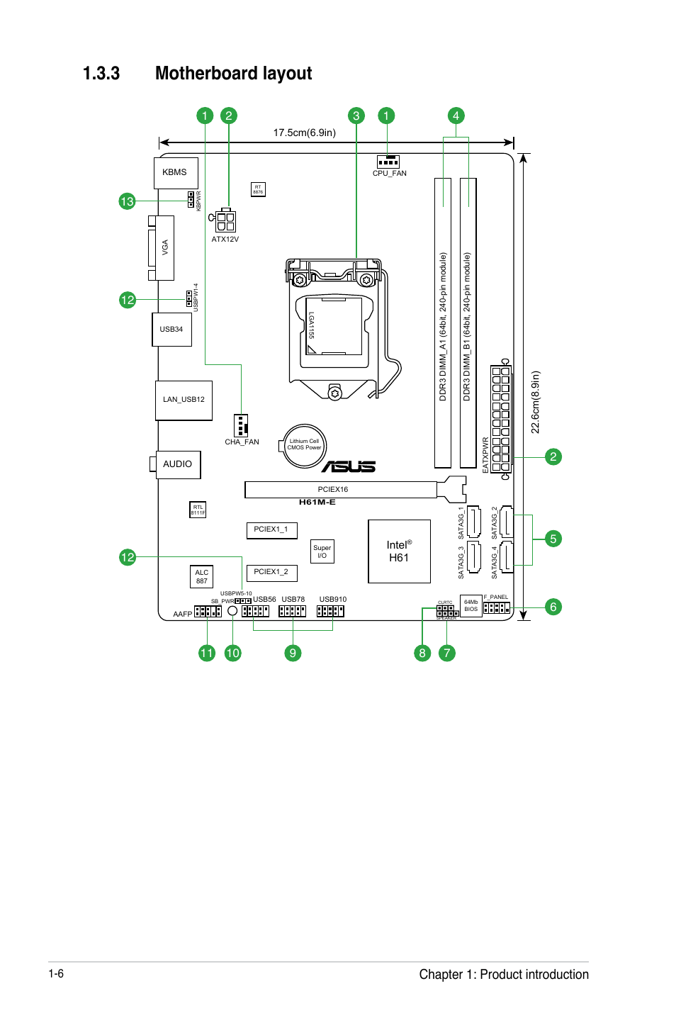 3 motherboard layout, Chapter 1: product introduction | Asus H61M-E User Manual | Page 18 / 78