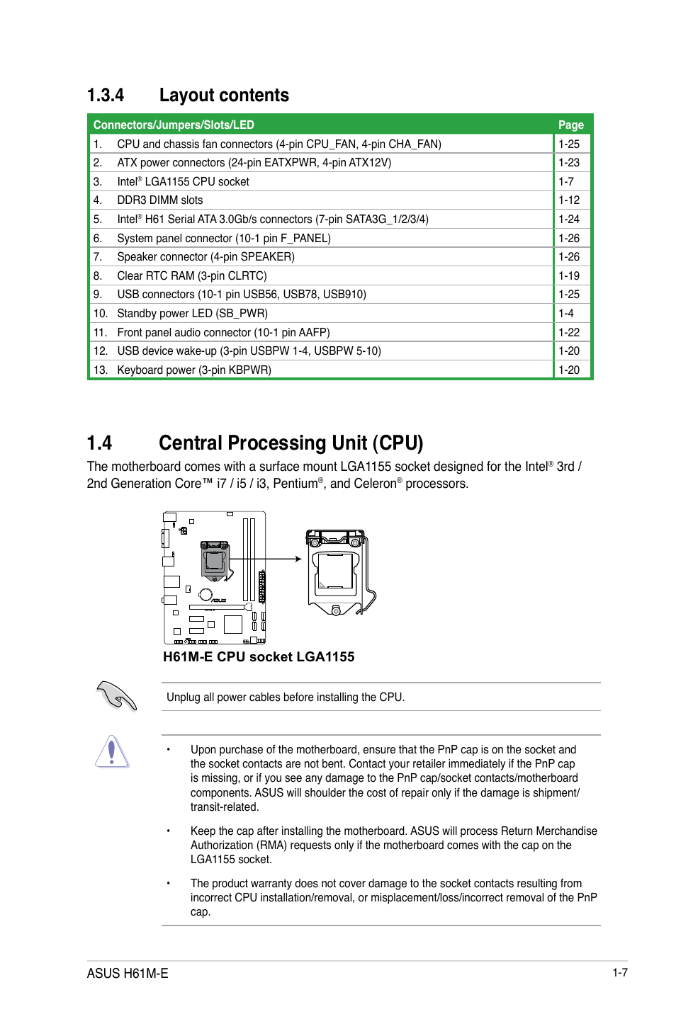 4 central processing unit (cpu), 4 layout contents | Asus H61M-E User Manual | Page 19 / 78