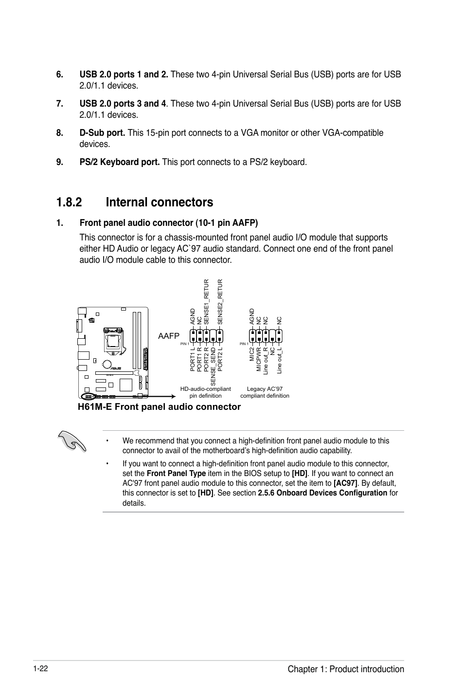 2 internal connectors, H61m-e front panel audio connector, Chapter 1: product introduction | Asus H61M-E User Manual | Page 34 / 78