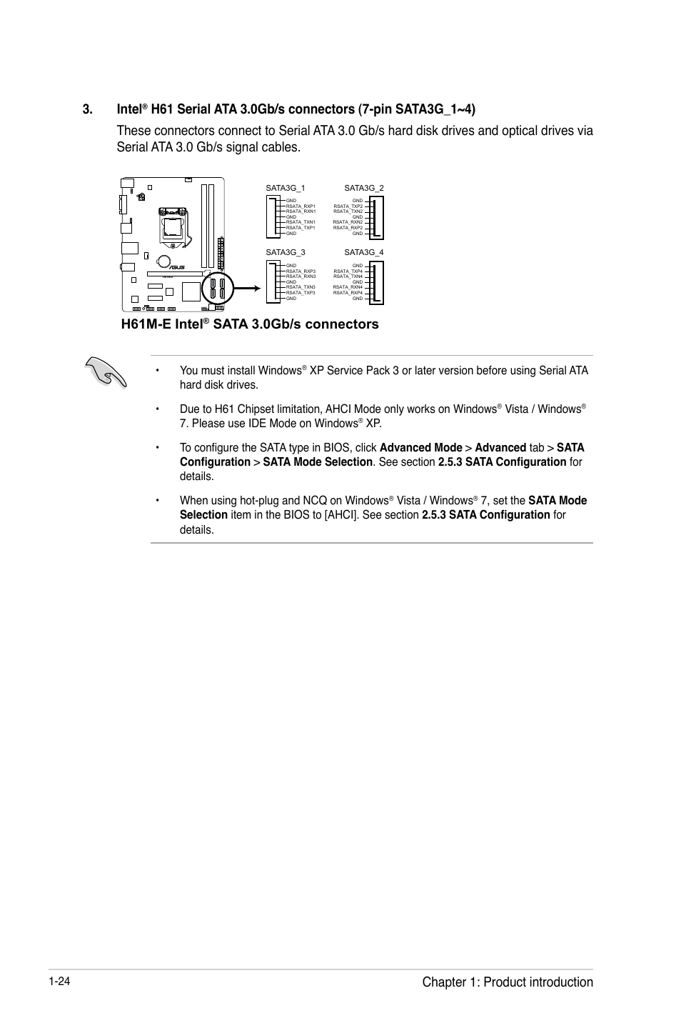 Intel, H61m-e intel, Sata 3.0gb/s connectors | Chapter 1: product introduction | Asus H61M-E User Manual | Page 36 / 78