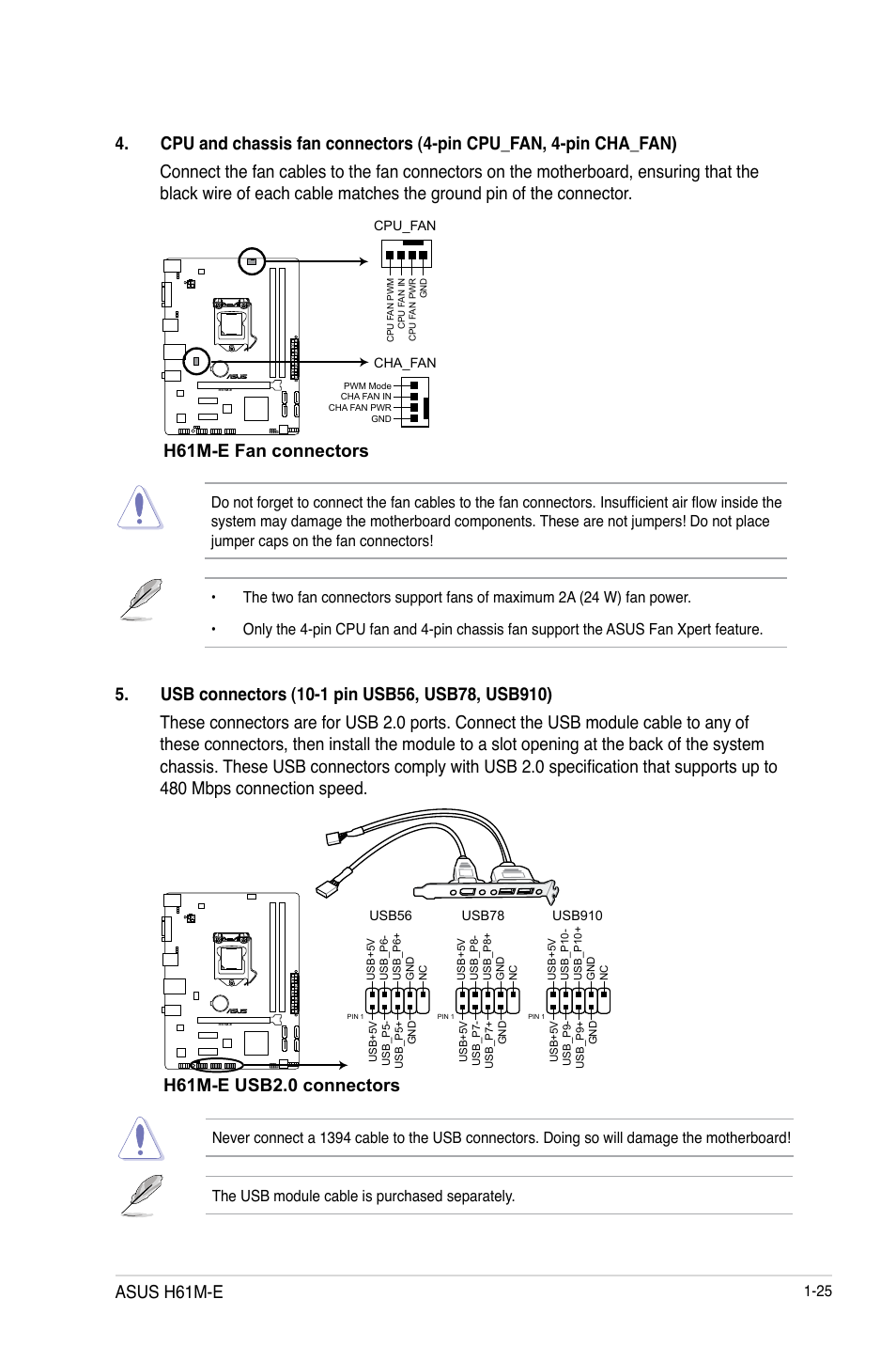 H61m-e fan connectors, H61m-e usb2.0 connectors, Asus h61m-e | Asus H61M-E User Manual | Page 37 / 78