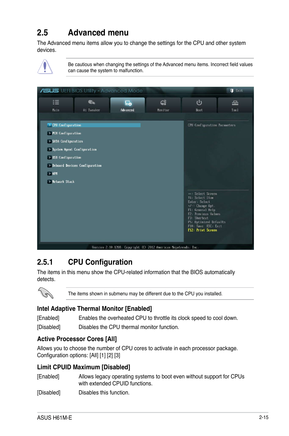 5 advanced menu, 1 cpu configuration | Asus H61M-E User Manual | Page 55 / 78