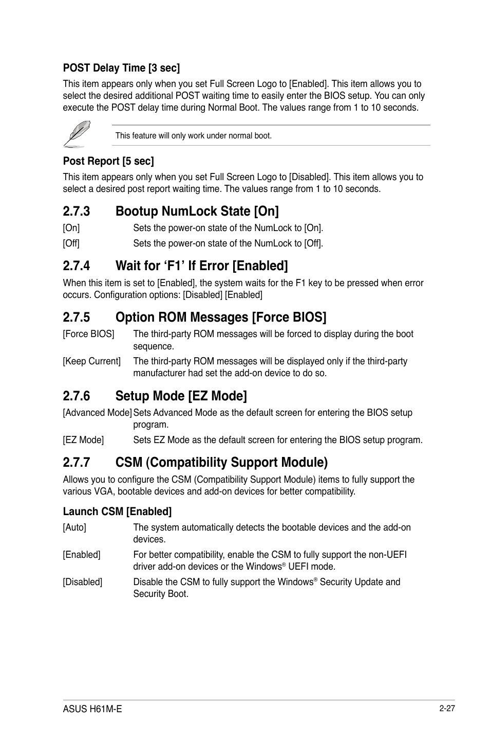 3 bootup numlock state [on, 4 wait for ‘f1’ if error [enabled, 5 option rom messages [force bios | 6 setup mode [ez mode, 7 csm (compatibility support module) | Asus H61M-E User Manual | Page 67 / 78