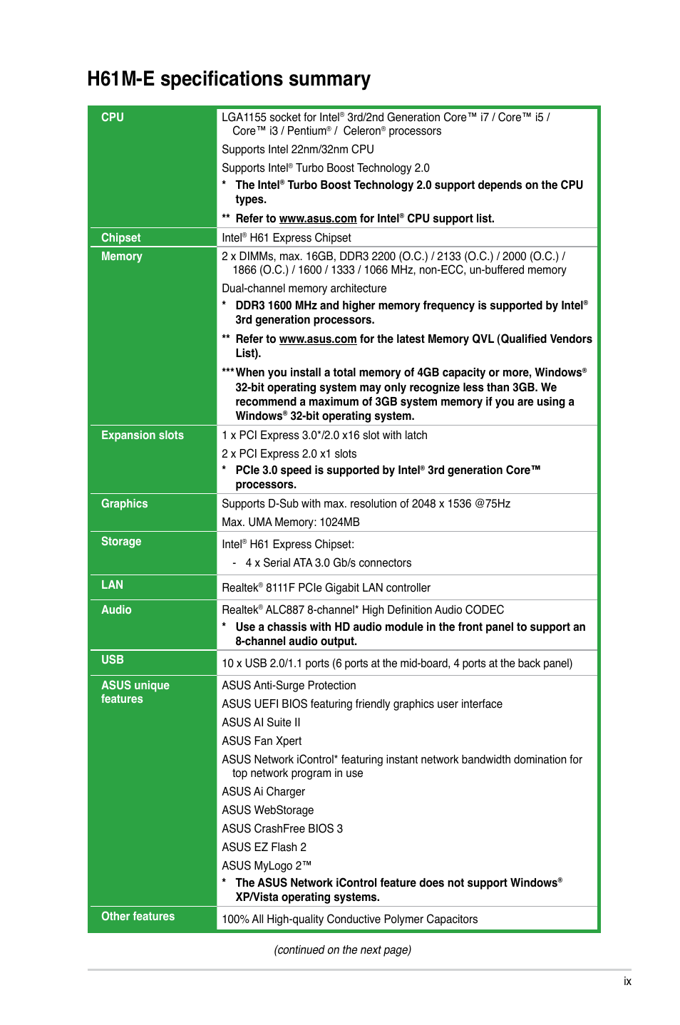 H61m-e specifications summary | Asus H61M-E User Manual | Page 9 / 78