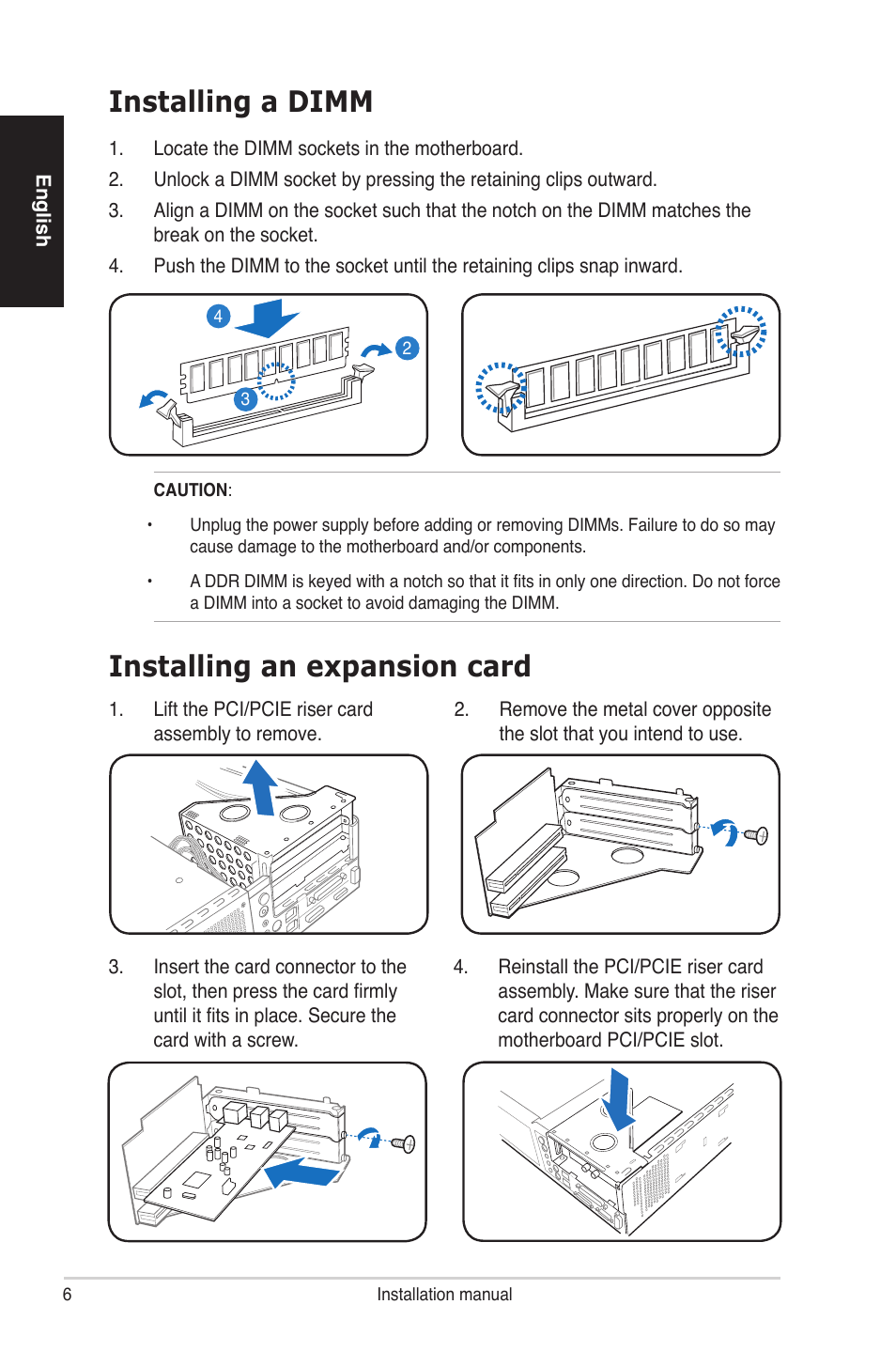 Installing an expansion card, Installing a dimm | Asus P2-P5945GCX User Manual | Page 6 / 8