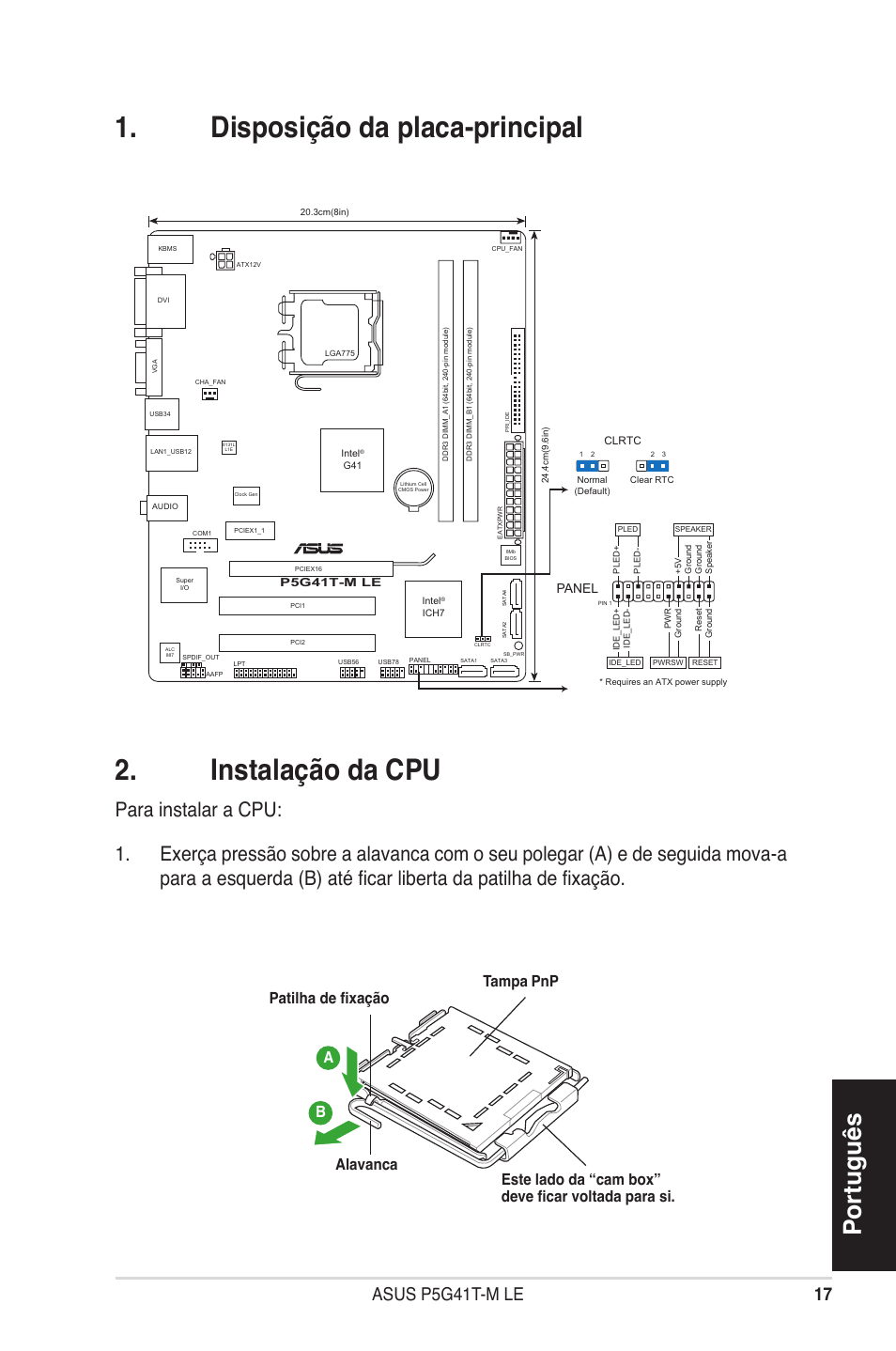 Disposição da placa-principal . instalação da cpu, Português, Asus p5g41t-m le | Asus P5G41T-M LE User Manual | Page 17 / 41