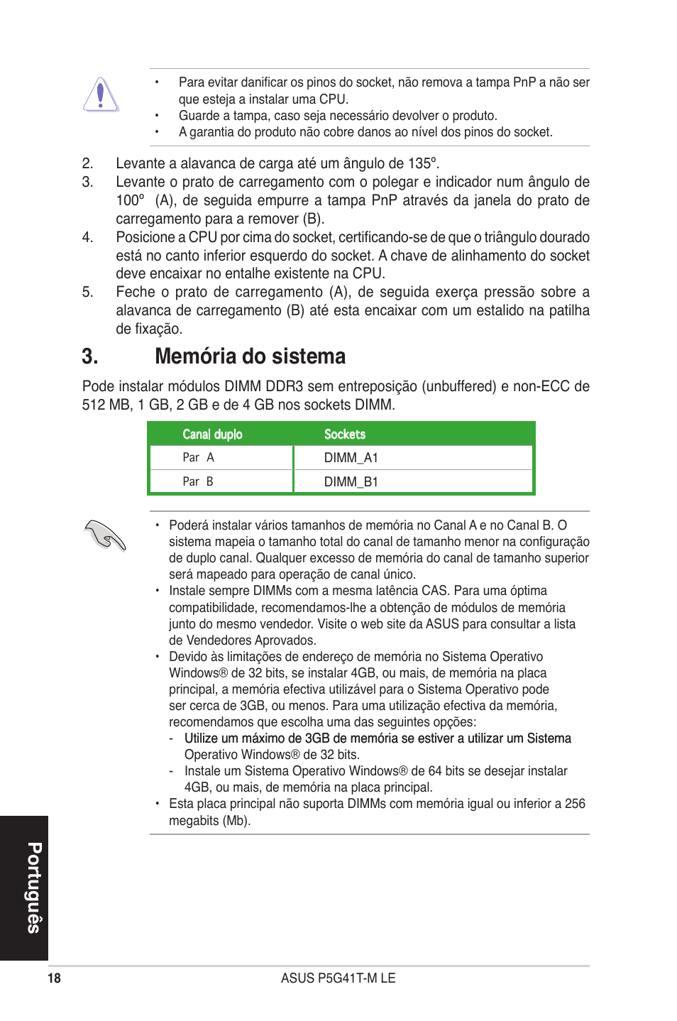 Memória do sistema, Português | Asus P5G41T-M LE User Manual | Page 18 / 41