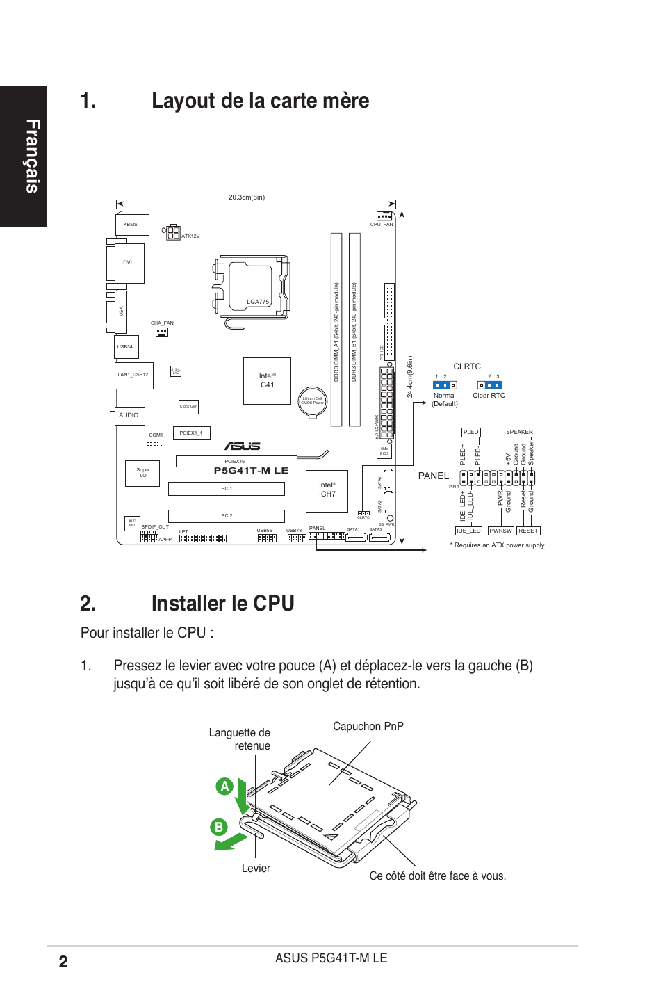 Installer le cpu, Layout de la carte mère, Français | Asus p5g41t-m le a b | Asus P5G41T-M LE User Manual | Page 2 / 41