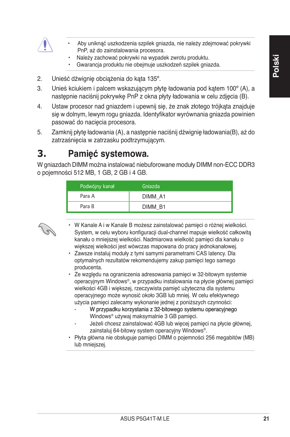 Pamięć systemowa, Polski | Asus P5G41T-M LE User Manual | Page 21 / 41