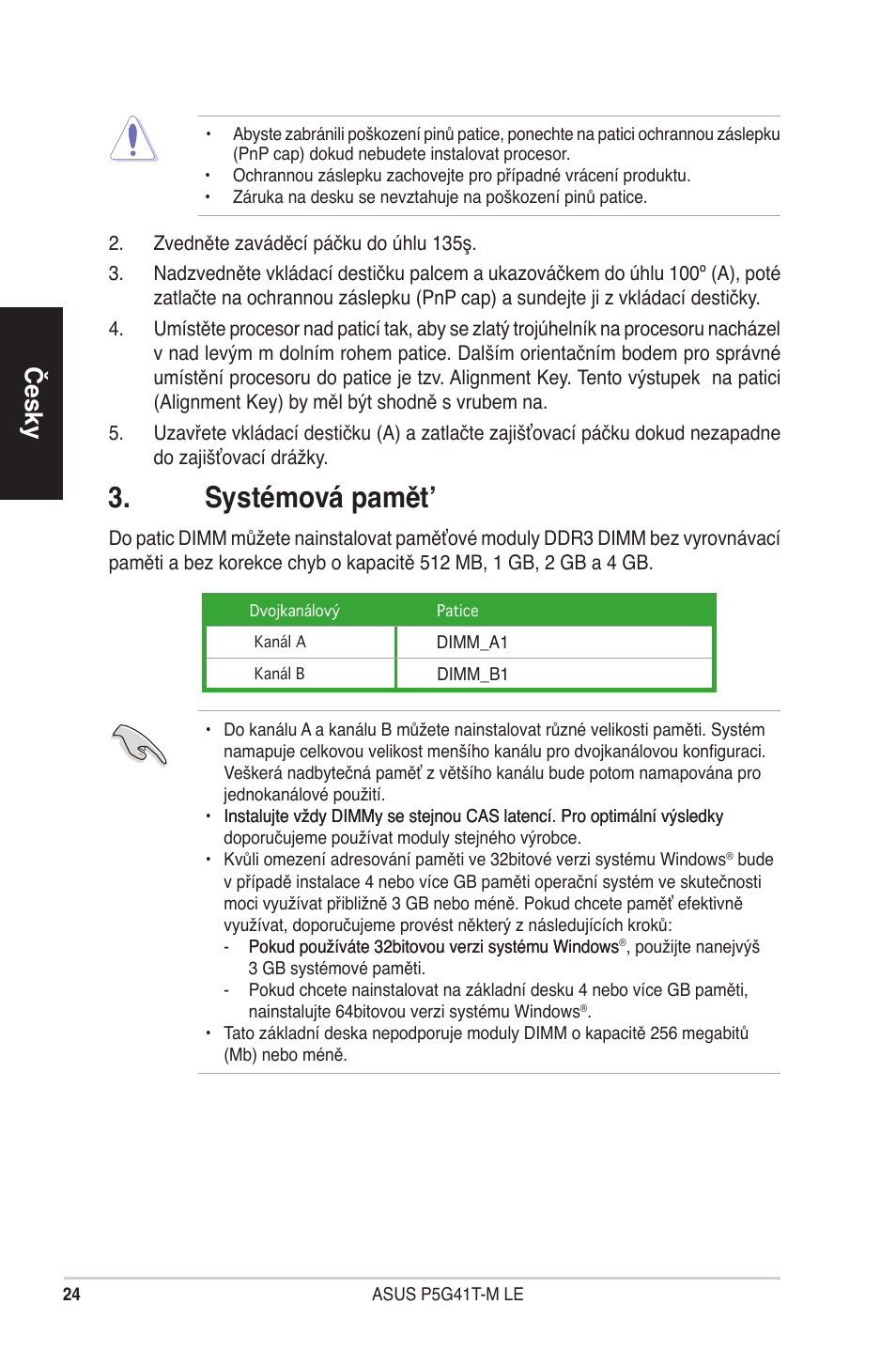 Systémová pamět, Česky | Asus P5G41T-M LE User Manual | Page 24 / 41