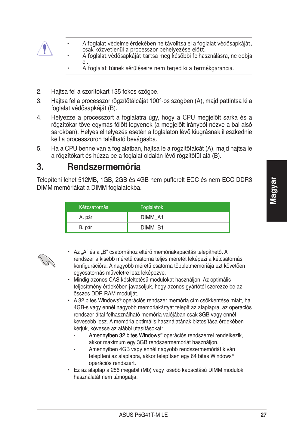 Rendszermemória, Magyar | Asus P5G41T-M LE User Manual | Page 27 / 41