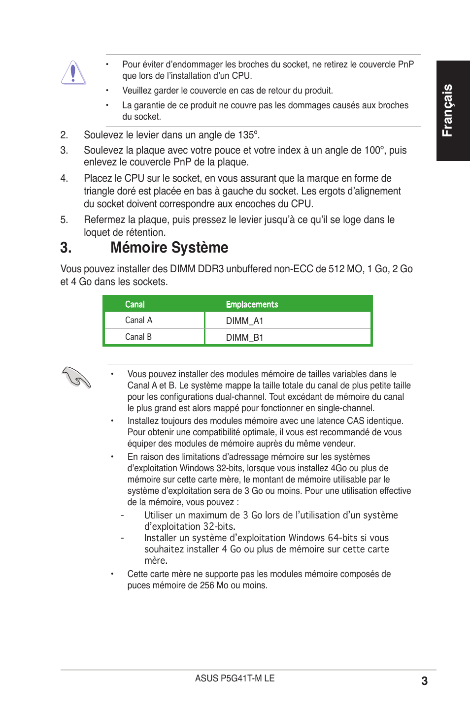 Mémoire système, Français | Asus P5G41T-M LE User Manual | Page 3 / 41