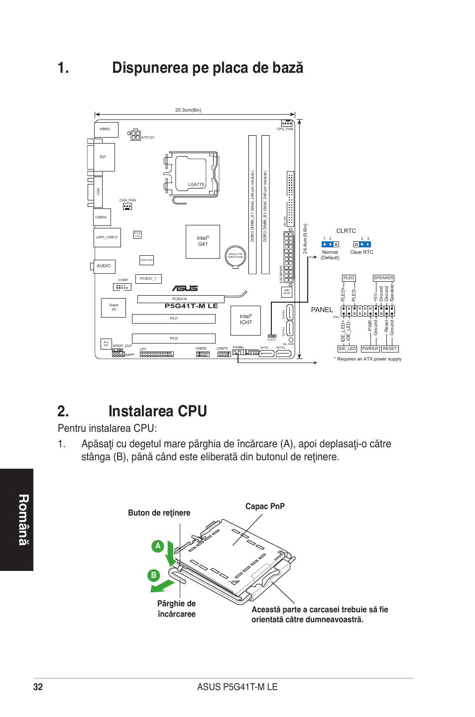 Dispunerea pe placa de bază . instalarea cpu, Română, Asus p5g41t-m le | Asus P5G41T-M LE User Manual | Page 32 / 41