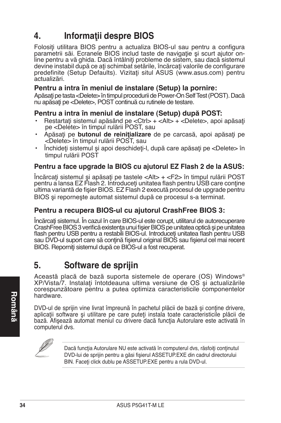 Informaţii despre bios, Software de sprijin, Română | Asus P5G41T-M LE User Manual | Page 34 / 41