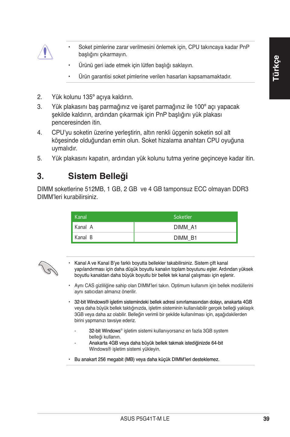 Sistem belleği, Türkçe | Asus P5G41T-M LE User Manual | Page 39 / 41