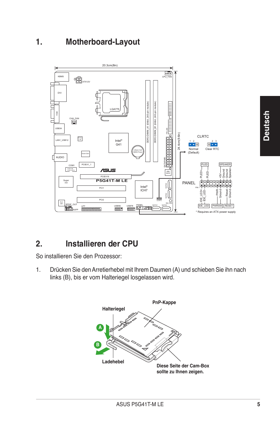 Motherboard-layout . installieren der cpu, Deutsch, Asus p5g41t-m le | Asus P5G41T-M LE User Manual | Page 5 / 41