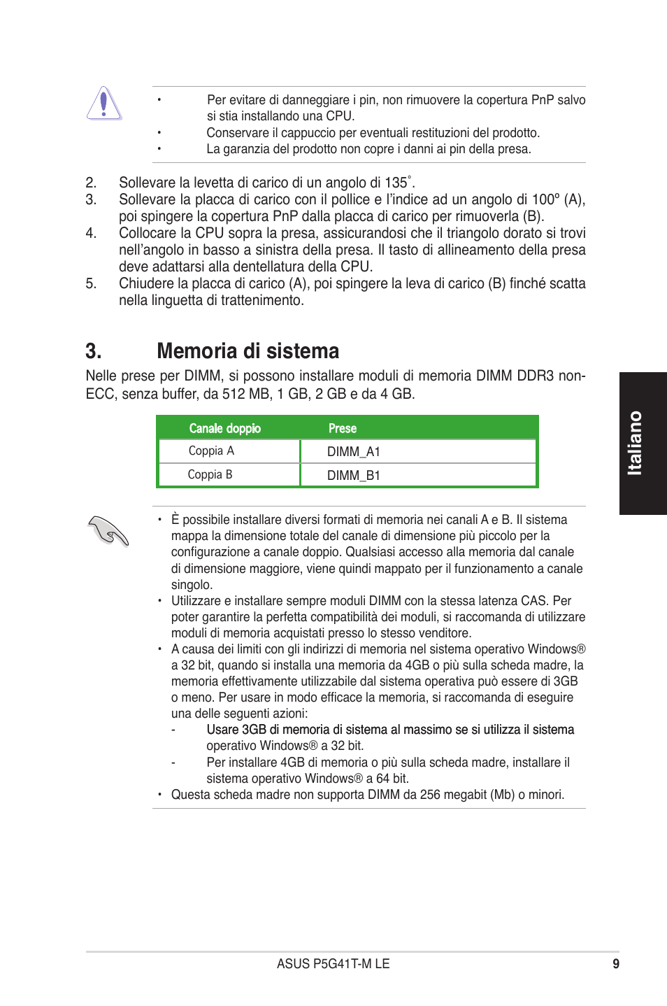 Italiano | Asus P5G41T-M LE User Manual | Page 9 / 41