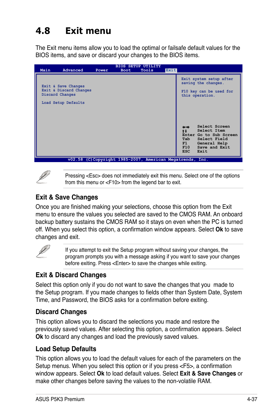 8 exit menu, Exit & save changes, Exit & discard changes | Discard changes, Load setup defaults | Asus P5K3 Premium/WiFi-AP User Manual | Page 101 / 172