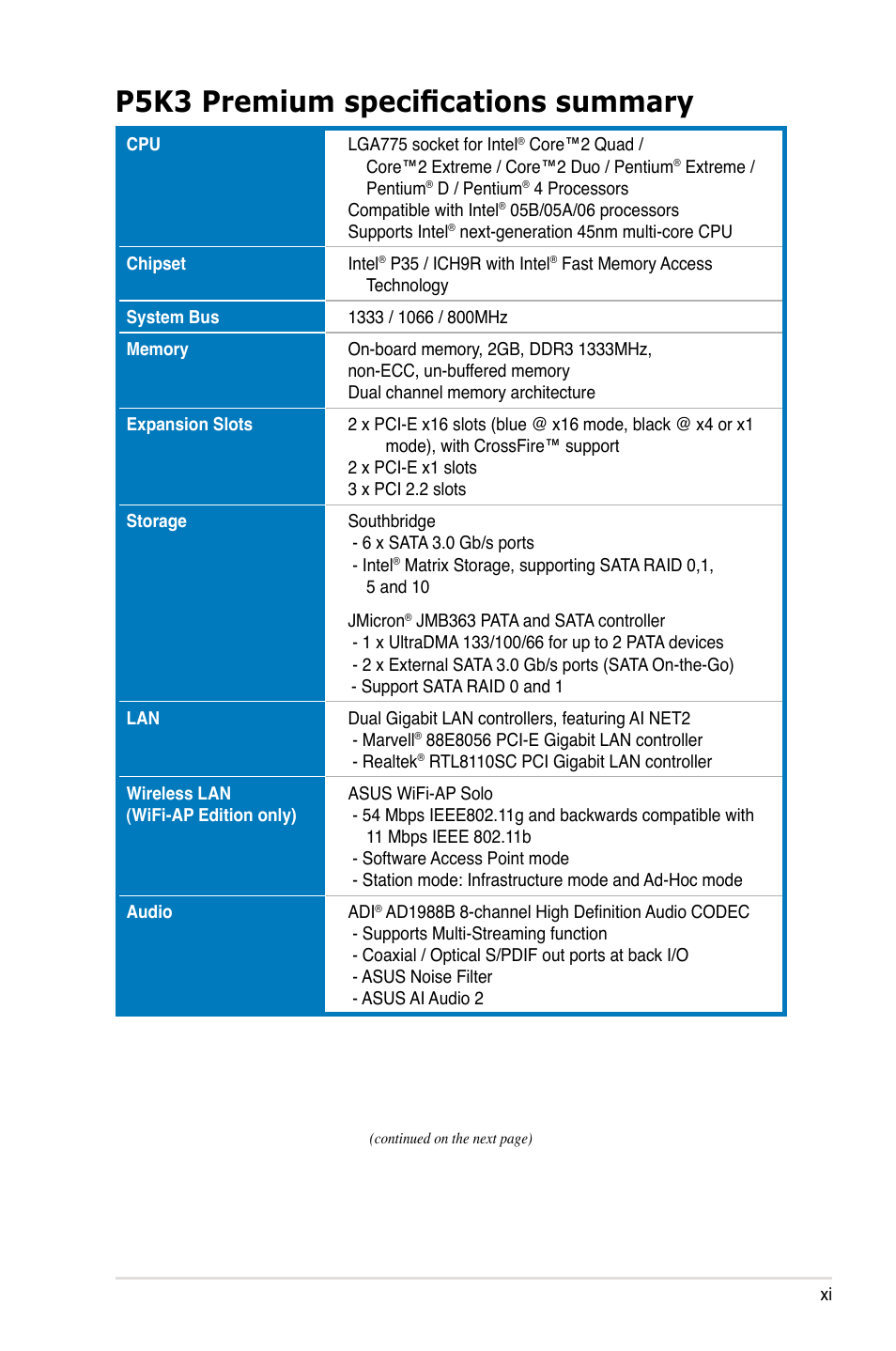 P5k3 premium specifications summary | Asus P5K3 Premium/WiFi-AP User Manual | Page 11 / 172