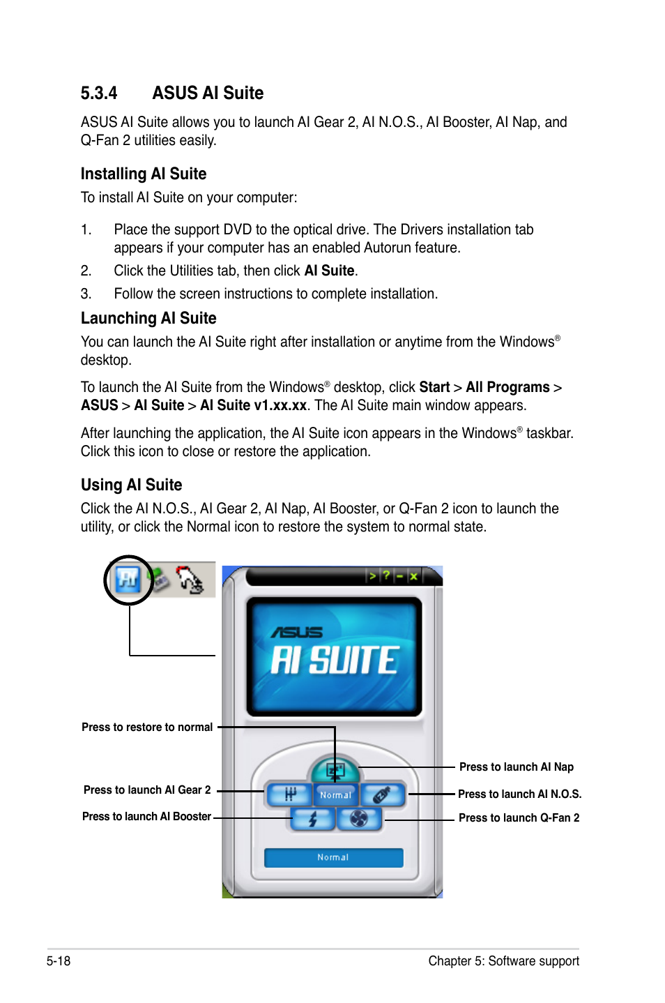 4 asus ai suite, Installing ai suite, Launching ai suite | Using ai suite | Asus P5K3 Premium/WiFi-AP User Manual | Page 122 / 172