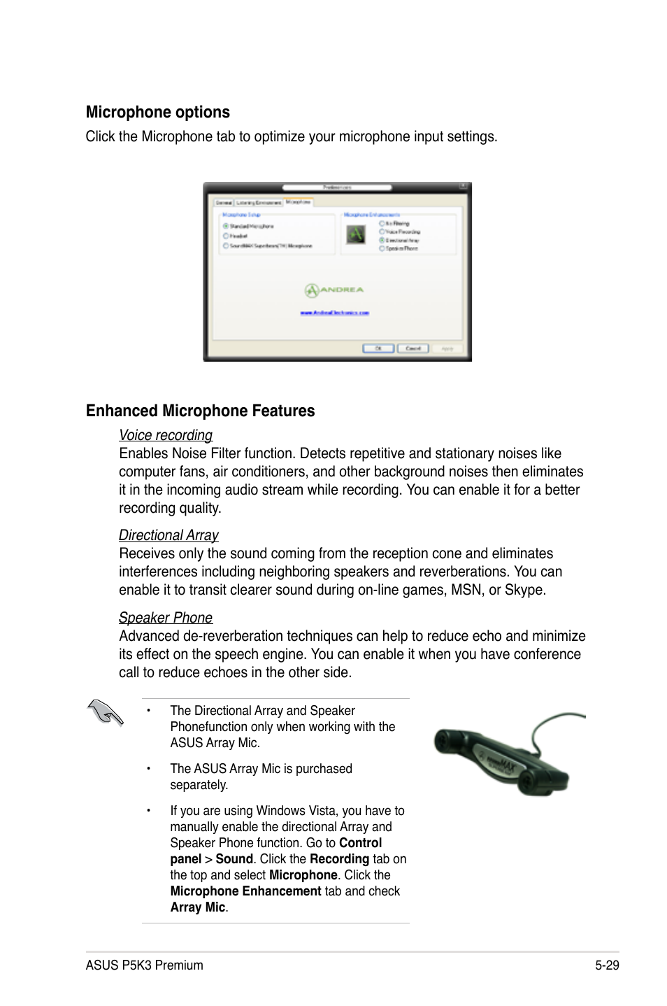 Microphone options, Enhanced microphone features | Asus P5K3 Premium/WiFi-AP User Manual | Page 133 / 172