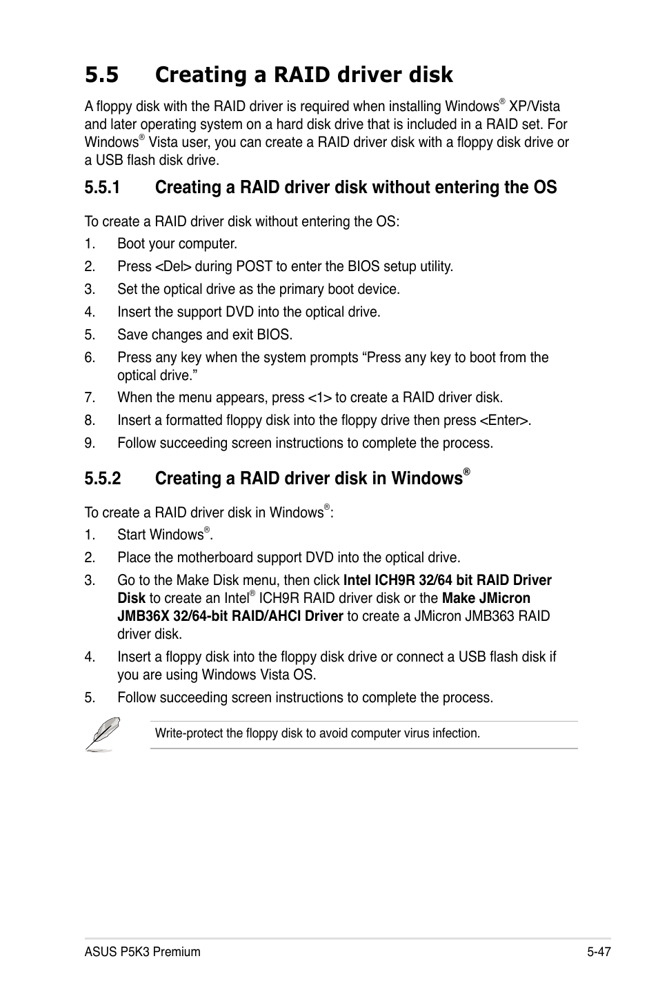 5 creating a raid driver disk, 2 creating a raid driver disk in windows | Asus P5K3 Premium/WiFi-AP User Manual | Page 151 / 172